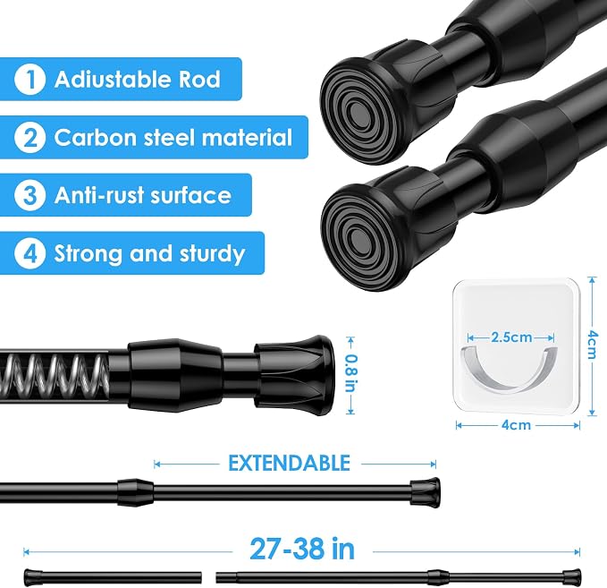 MEXAU 2pack Tension Curtain Rod 27 to 38 Inch, Black Spring Tension Rods Curtain Rods Adjustable Spring Rod Extendable Tension Rod for Kitchen