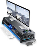 Vaydeer All-in-One Dual Monitor Stand Riser with 2 Drawers, 8USB Ports and Wireless Charging Pad with LED Light Strip for 2 Monitors , Desk Organizer for PC, iMac (Metal, 39.3 inches)-Black