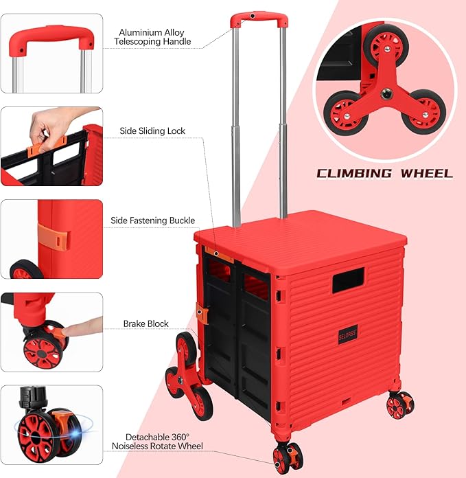 SELORSS Foldable Utility Cart Collapsible Crate Rolling Carts with Stair Climbing Wheels Rolling Tote Basket Teacher Cart with Lid Wear-Resistant 360°Rotate Wheel Noiseless for Shopping Grocery Office
