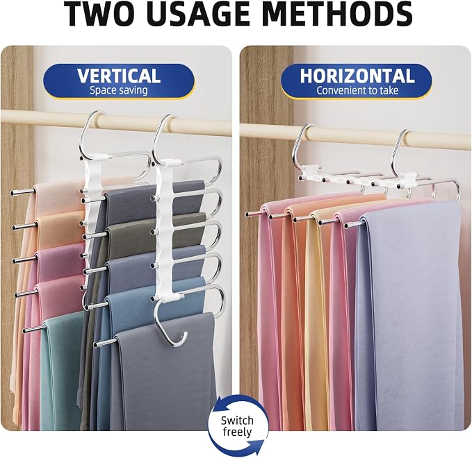 DAMITA Pants Hangers Space Saving - 2 Pack 5 in 1 Layers No Need Installation - Stainless Steel Metal Jeans Hangers - White Closet Organizers and Storage Anti-Slip Design for Pants Scarf Legging
