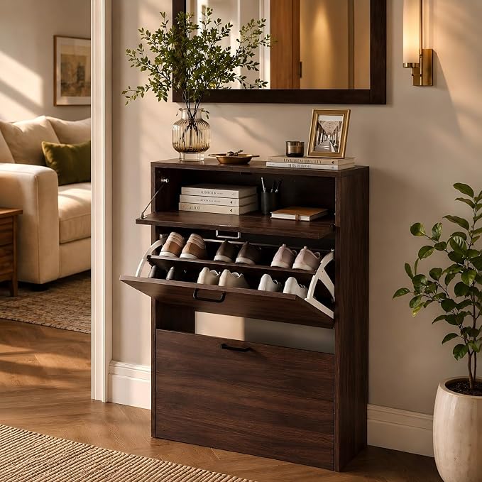 VINGLI Set of 2 Walnut Shoe Cabinet for Entryway, 2-Pack Ultra Slim Shoe Organizer with 2 Flip & 1 Drop-Down Drawers, 24.8" W Narrow Shoe Cabinet, Modern Walnut Wood Shoes Rack for Hallway