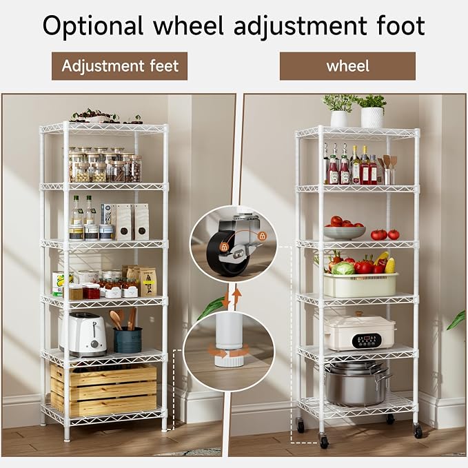 Golpart Small Shelves Storage Wire Metal Adjustable Shelf Unit with Wheels | 6 tier Shelving Organizers Storage Shelving for Bathroom Laundry Room Kitchen Pantry 11.7”D x 17.7”W x 61.6”H White