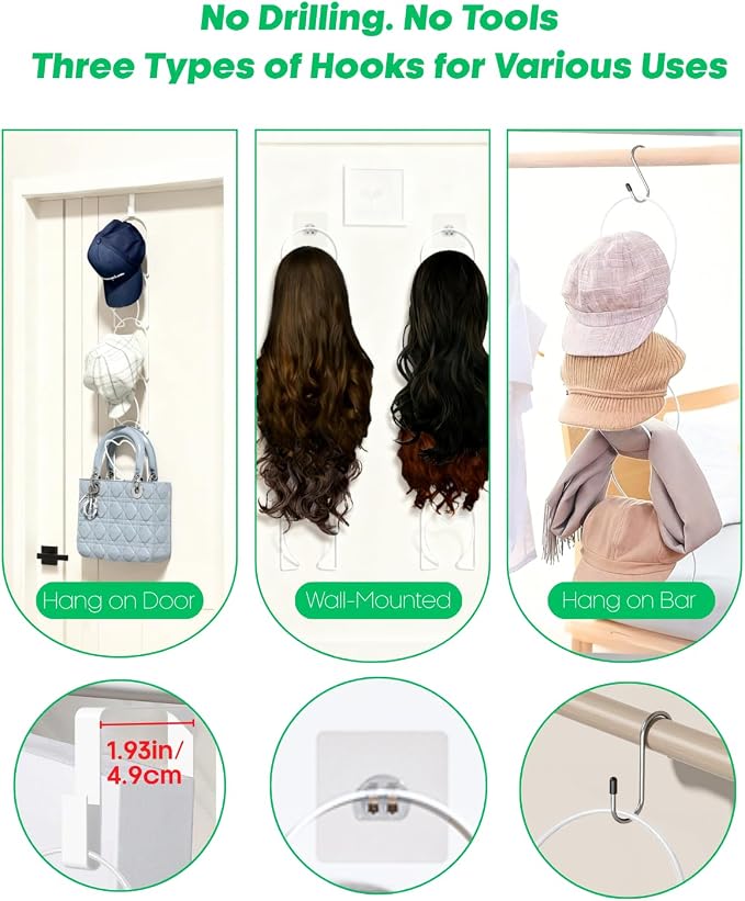 LINFIDITE 15 PCS Baseball Hat Rack Hanger Holder Organizer Multi Hook Wall Mounted Over Door Cap Display Storage Rack Cap Holder, Closet HangingStorage Rack w Hanging Hook White