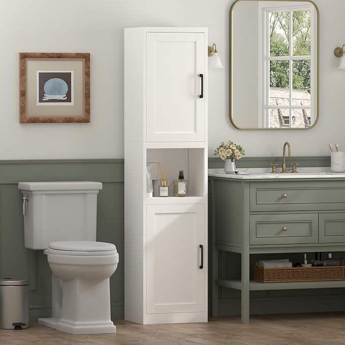 Tall Bathroom Cabinet, Slim Cabinet with 3 Adjustable Shelves, 2 Doors Narrow Storage for Bathroom, 67" H Floor Cabinet for Entryway, Kitchen, White