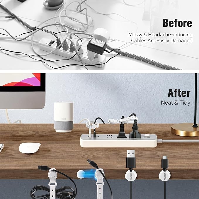 6 Rotatable Spring Desktop Cord Organizer 5 Magnetic Cable Clips Cord Holder for Nightstand Phone Charger Organizer Computer Desk Cable Management Electronics Appliance Adhesive Wire Strap Keeper Tie