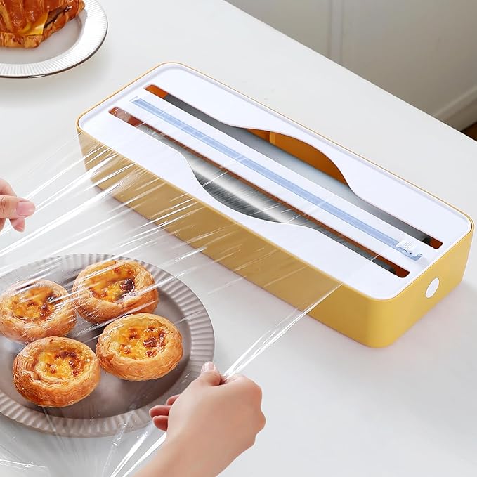 Dual-Slot Multifunctional Kitchen Cutter | For Cling Film, Aluminum Foil, and Parchment Paper Storage & Cutting | Easily Cut Two Materials at Once (Yellow(suckers))
