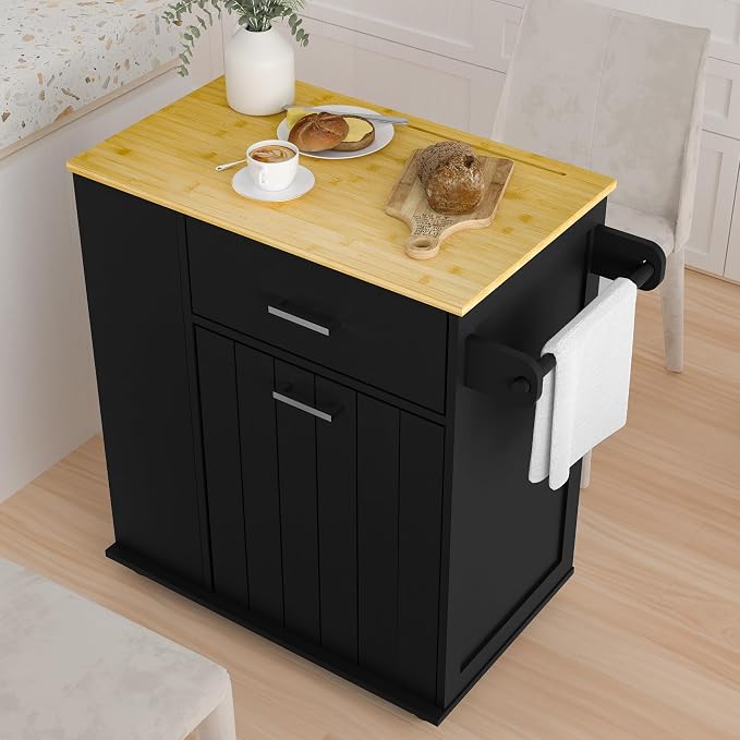 HQZX Rolling Kitchen Island with Trash Can Storage, Portable Kitchen Island on Wheels with Towel Rack & Spice Rack, Tilt Out Trash Can Cabinet with Drawer, Mobile Island Cart (Black)