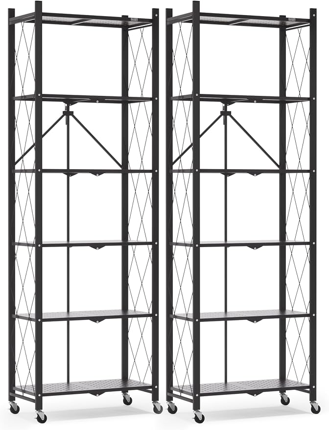 ALANNG 73.6 Inch Folding Bookshelf, 6 Tier Metal Bookcase and Bookshelves | Tall Shelves for Living Room Office Bedroom, Heavy Duty Book Shelve Free Standing Open (Black, 2PACK)