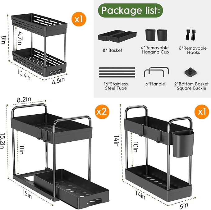 ZIZOTI 4 Pack Under Sink Organizer and Storage - Stackable 3 Size 2 Tier Bathroom Under the Sink Organizers Multi-Usage Kitchen Cabinet Organizers and Storage Sink Bath Shelf Baskets