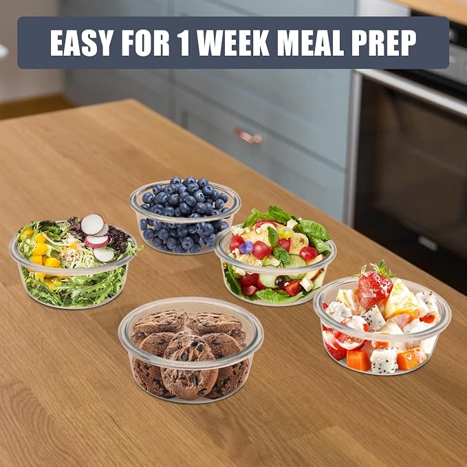 6 Pack 13oz Small Round Glass Meal Prep Containers with Airtight Lids | Perfect for Small Portions, Glass Food Storage Containers with Snap Lids, Freezer to Microwave Safe, Dishwasher Safe