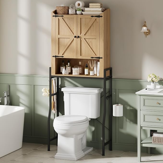Memobarco Over The Toilet Storage Cabinet with 2-Door & Metal Stand, Wood | Toilet Paper Holder, 3 Extra Hooks, Anti-Tipping Device, With Adjustable Shelves, for Bathroom, Restroom, Laundry