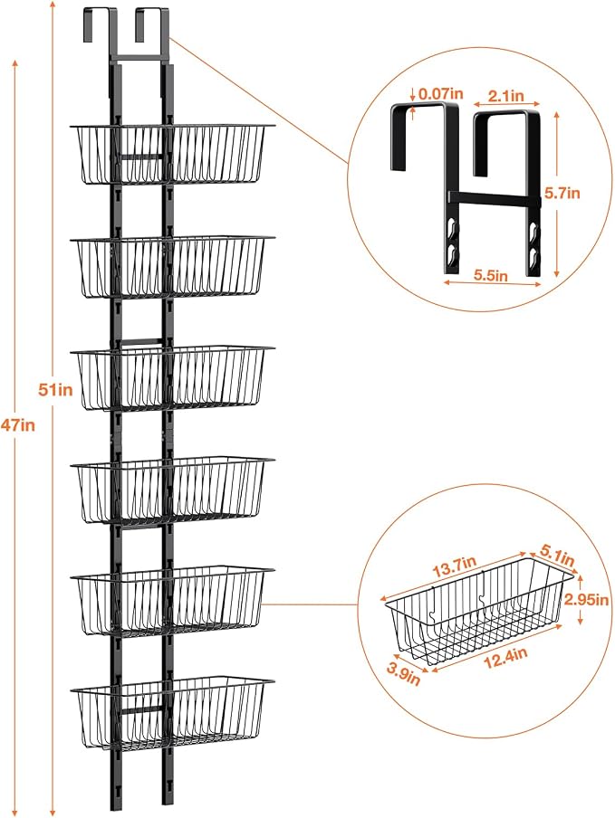 6 Tier Over the Door Pantry Organizer, Over the Door Spice Rack with Adjustable Baskets, Metal Hanging Door Pantry Organizers and Storage for Kitchen Bathroom Bedroom, Black