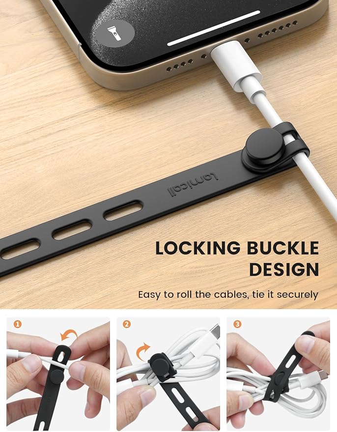 Lamicall 10Pack Silicone Cable Ties Cord Organizer - Reusable Cord Management Wraps, Stretchy Rubber Charger Cable Strap Ties, Skin-Friendly Electrical Wire Keeper for Travel, Home Office Accessories