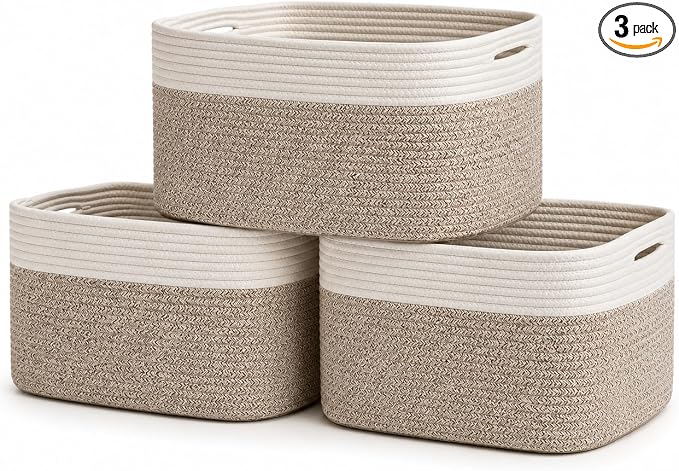 Brown Cotton Rope Baskets for Shelves, Set of 3 - 15"×10"×9½" - Woven Storage Baskets for Organizing - Closet, Nursery, Bedroom, Playroom - Toys, Books, Towels, Clothes