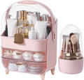 Makeup Organizer for Vanity with Brush Holder, Lid and 2 Drawers, Pink | Large Capacity Bathroom Counter Organizer for Skincare, Cosmetic Storage, Dustproof, Waterproof, Teen Girl Gifts