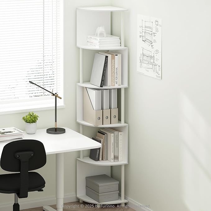 Furinno Basic Book Shelf, 5-Tier Bookshelf, Bookcase with Zigzag Corner Shelf, 14.2 x 14.2 x 71.2, for Living Room, Bedroom, Home Office, White/White