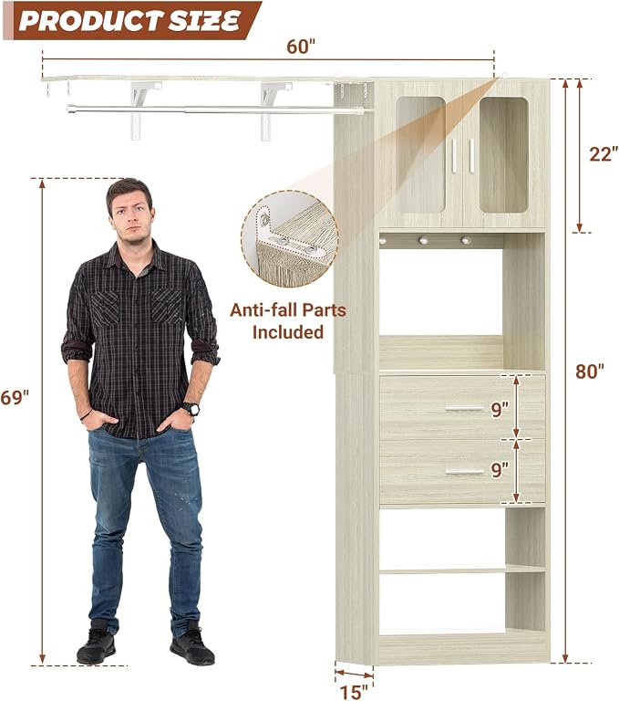 5FT Closet System with Doors and Wooden Drawers, 60'' Reversible Closet Organizer System with Big Wing Shelf and Hanging Rod, 80'' Tall Walk in Wardrobe Closet System with Shelves & Hooks, White Oak