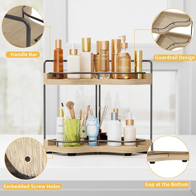 2-Tier Corner Bathroom Counter Organizer for Storage, Light Brown | Larger Size, Solid Wood, Embedded Screw Holes, sink and Vanity Countertop Organizer for Perfume, Skincare & Makeup Storage