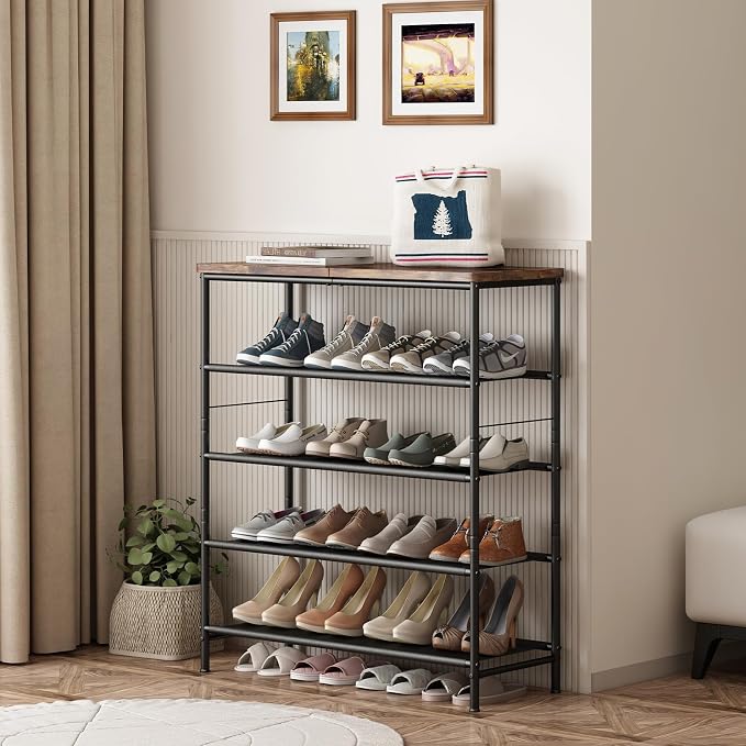 INGIORDAR Shoe Rack Organizer 5 Tier Metal Organizer Shelf with Industrial MDF Board and Layer Fabric for Entryway Closet Bedroom Living Room Garage,Black & Rustic Brown (Black+Rustic Brown, 5 Tier) | Metal space-saving Shoe Shelf stores 20+ Pairs of S...