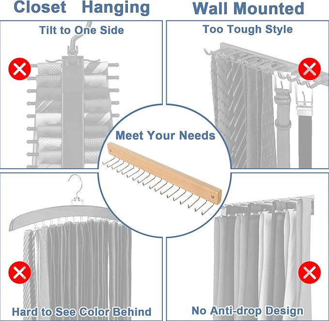 Belt and Tie Organizer for Closet, Tie and Belt Rack Wall Mounted with 20 Storage Hooks, Non Slip 180 Degree Rotating Tie Holder Belt Hanger for Closet/Wall Mount