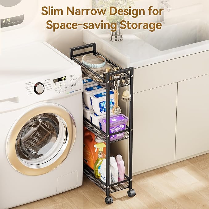 YASONIC Slim Rolling Storage Cart, Metal 3 Tier Bathroom Storage Organizer Laundry Room Utility Cart for Kitchen, Bthroom, Makeup, Craft, Laundry Narrow Places, Black