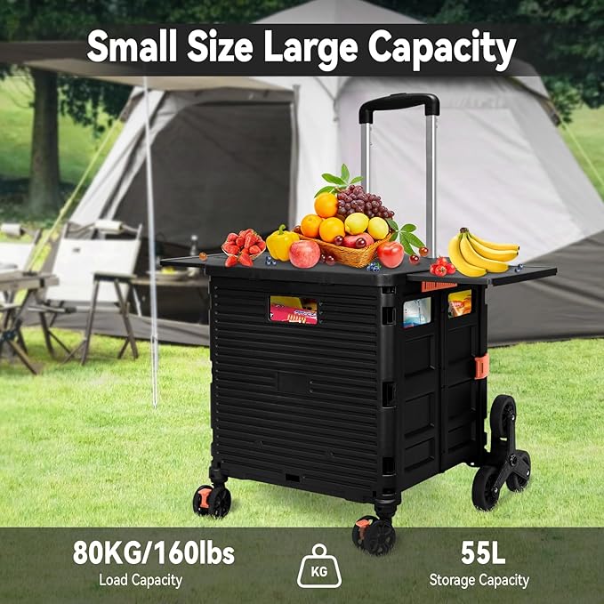 Foldable Utility Cart Portable Crate Rolling Dolly with Telescopic Handle,Can be Pulled diagonally, Magnetic Retractable Lid, 360°Swivel Climbing Wheels for Shopping Carrying Groceries Move Black