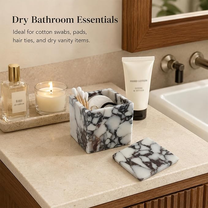 Natural Marble Square Storage Box with Lid, 3.94 in | A small lidded natural marble box that turns jewelry, cotton swabs, and hair ties into a polished vanity display.