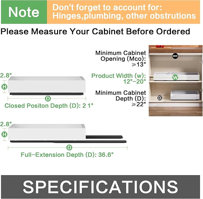 2 Pack Pull out Cabinet Organizer,Extendable (12"-20") Heavy-Duty Pull-Out Drawers – Secured with Nano Adhesive Tape, Ideal for Cookware Storage, for Kitchen Base Cabinets (21" Dx12-20" W)