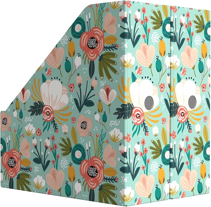 ANSSDO 12 Pack Cardboard Magazine File Holder Organizer - Teal Floral | 24 Pieces Lable Included; Large Volume Recycable Cardboard Storage Box; Easy Assemble and Label