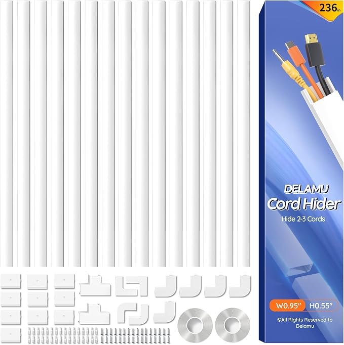 Delamu 236in Cord Hider, Professional Cable Cover Kit for Wall, TV Wire Hider for Wall Mounted TV, Raceway Cover on Management Wires, Cable Concealer, 0.95'' H x 0.55'' W, White