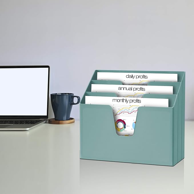 Acrimet Horizontal Triple File Folder Holder Organizer, Open Top Desktop Document Sorter for Letter Size Papers & Folders, Plastic (Solid Green) | 3 compartments to separate and organize documents, folders and papers