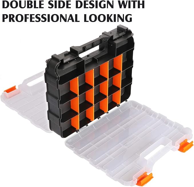 MIXPOWER 34-Compartments Double Sided Organizer with Impact Resistant Polymer and Customized Removable Plastic Dividers, Storage and Carry, Black/Orange