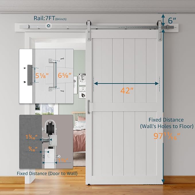 42''x96'' Sliding Barn Door with 7 Ft Brushed Nickel Hardware Kit | Pre-Drilled Holes Easy Assembly - Include Installation Manual, Water-Proof PVC Surface, H-Frame, White