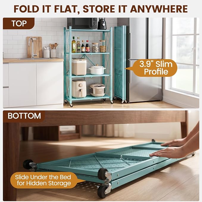 ALANNG 4 Tier Folding Storage Shelf on Wheels,Heavy Duty Metal Rolling Cart | 264 lbs Capacity, No Tools Assembly, Folds to 3.9", Lockable Casters, Portable for Kitchen Laundry Garage