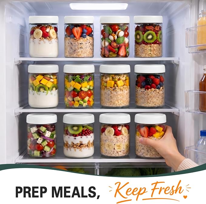 Yogurt Containers with Lid, Overnight Oats Container, Parfait Cups with Lid | Wide Mouth Mason Jars 16oz, Glass Jar with Airtight Lid for Yogurt, Chia, Sugar, Snack, Oats, Food Storage, Parfait, Candy