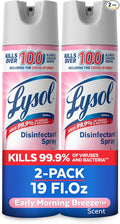 Lysol Disinfectant Spray, Household Cleaning Supplies, Disinfecting Multi-Purpose Room Spray, Antibacterial Sanitizer, Deodorizer, Kills Hantavirus, Early Morning Breeze, 19 Fl Oz (Pack of 2)
