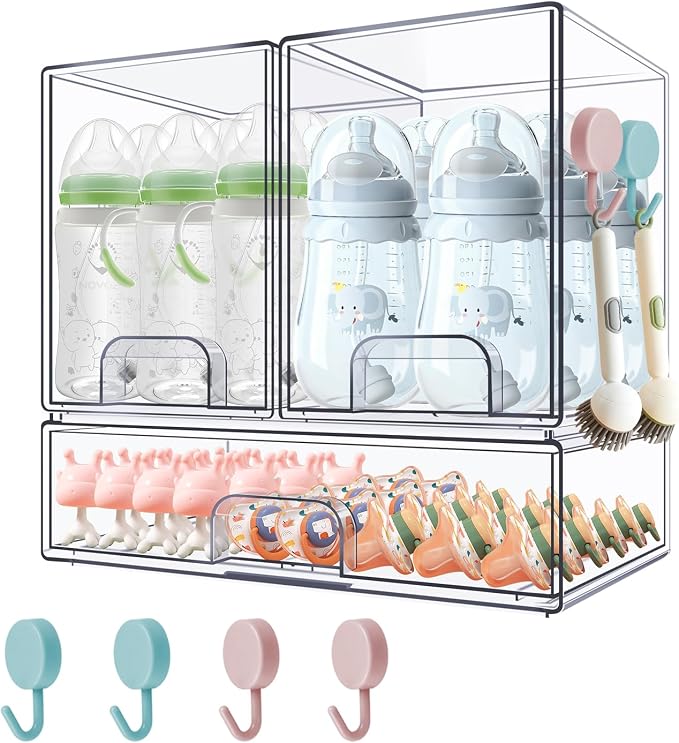 Baby Bottle Organizer with Hooks - 3 Pack Stackable Storage Drawer | Baby Organizers and Storage, Clear Acrylic Multipurpose Bottle Storage for Countertop