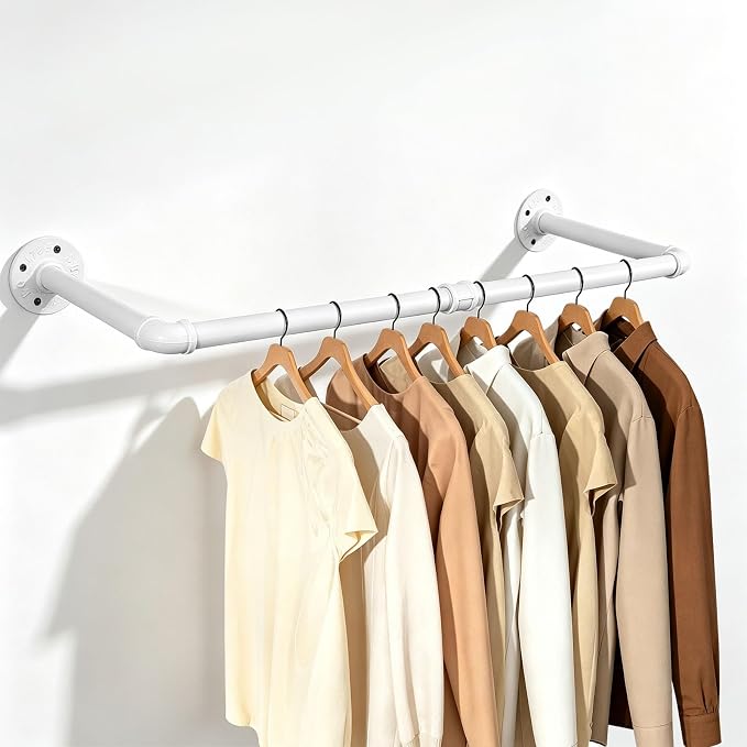 Industrial Iron Pipe Clothes Hanging Bar DIY Wall-Mounted Garment Rack Heavy Duty Clothing Rack for Bedroom, Laundry Room, Closet Storage (White 28 inch)