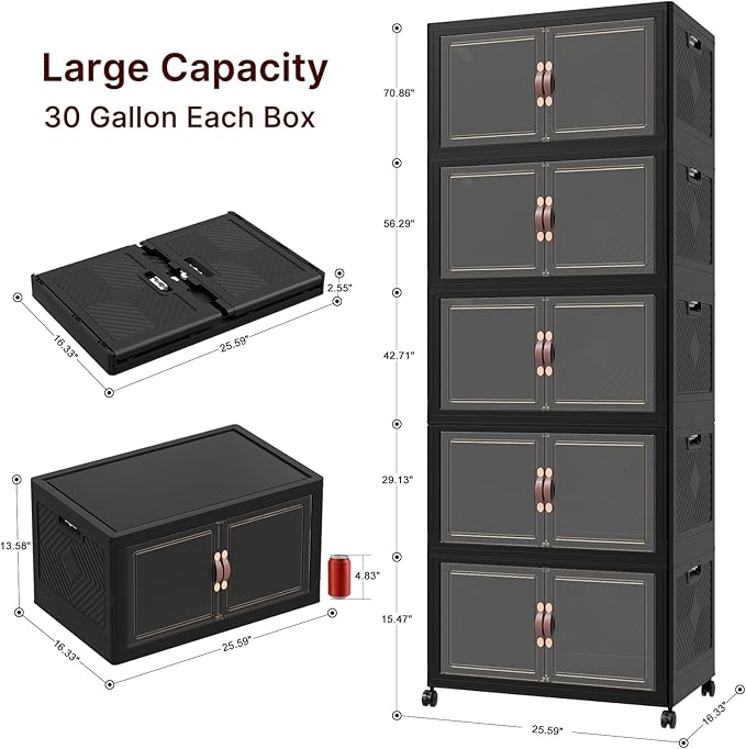 Stackable Storage Bins with Lids, Collapsible Storage Boxes, Foldable Plastic Storage Drawers for Bedroom,Office, Dorm (5, Black, L)
