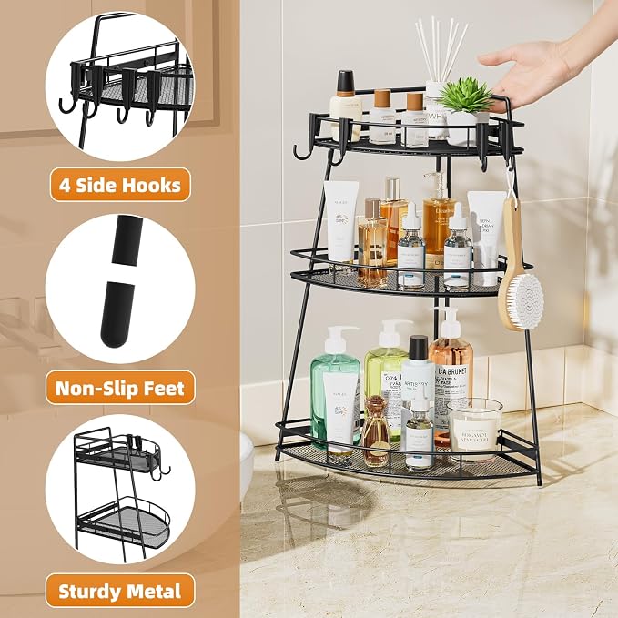 VITVITI 3 Tier Corner Bathroom Counter Organizer, Metal Bathroom Countertop Organizer Shelf Storage, Bath Room Sink Makeup Organizers for Vanity Skincare with Hooks, Black