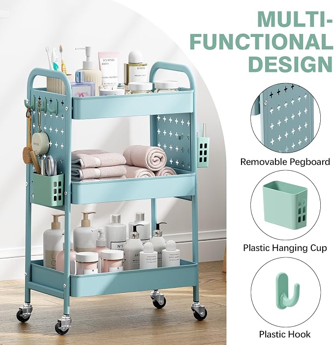 KINGRACK 3 Tier Rolling Cart with DIY Pegboard, Metal Utility Cart with Wheels, Hooks & Baskets, Sturdy Storage Organizer for Craft, Bathroom, Kitchen, Office, Nursery, Classroom（Blue）