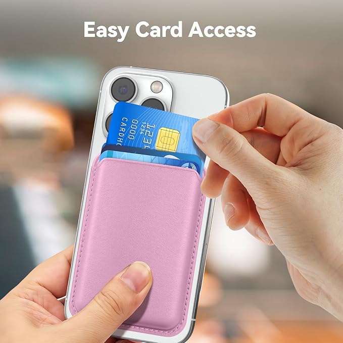 Magnetic Wallet Cell Phone Card Holder for Phone Case with Mag-Safe, Stronger Magnetic RFID Leather Phone Wallet Stick on Series of iPhone 17/16/15/14/13/12 and Pro/Promax, Pink