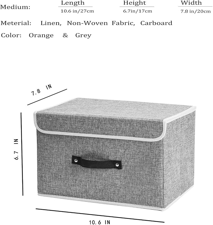 Small Storage Bins with Lids 2 Pack Linen Collapsible Cube Storage Basket with Handle, Jane's Home Foldable Fabric Storage Box with lids for Clothes Closet, Ornament Grey