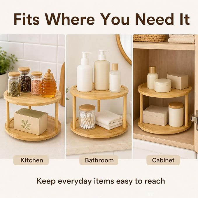 2 Tier Wooden Lazy Susan Organizer, 360 Degree Rotating Medicine Cabinet Turntable for Bathroom, Kitchen Cupboard, Countertop, Pantry and Spice Bottle Storage