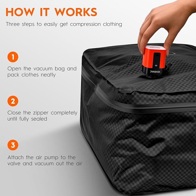 Vacuum Bags with Wireless Pump– Space Saver Compression Bags for Luggage, No Checked Baggage, Triple Your Luggage Space, IP68, Reusable, 43L Fits 20/24/28 Inch Suitcase (3PC+Pump (No Tracker))