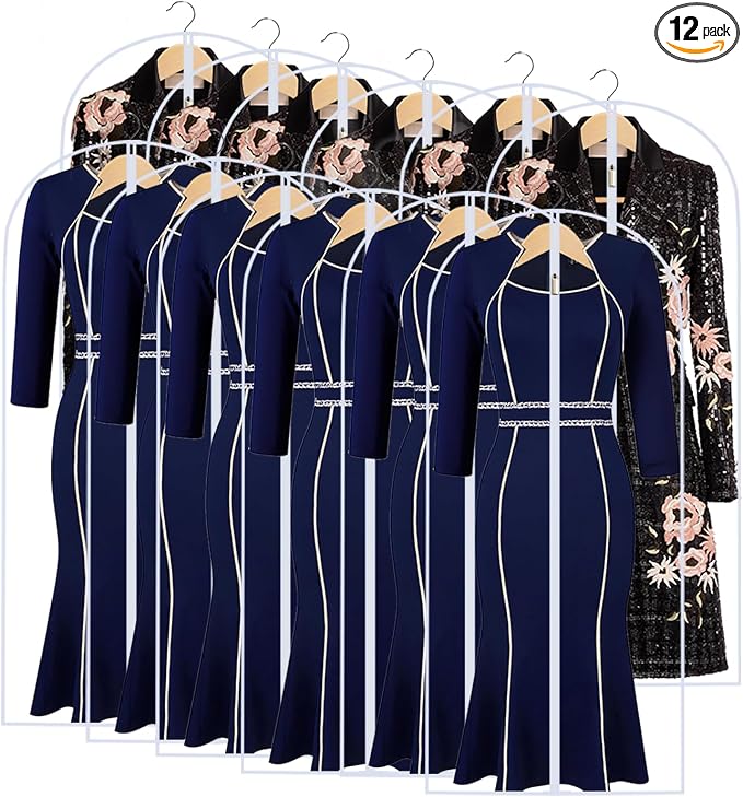 Garment Bags for Hanging Clothes 24'' x 55'' (Set of 12) Coat Covers for Closet Foldable Washable Dress Bags for Hanging Clothes for Long Dress Dance Costumes Suits Gowns Coats