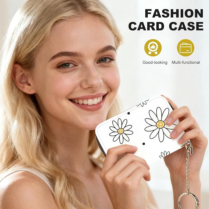 Credit Card Holder for Women,Small Rfid Wallet with Keychain Zipper,Cute PU Leather Card Case Wallet，Accordion Credit Card Wallets Gift,Large White Flower