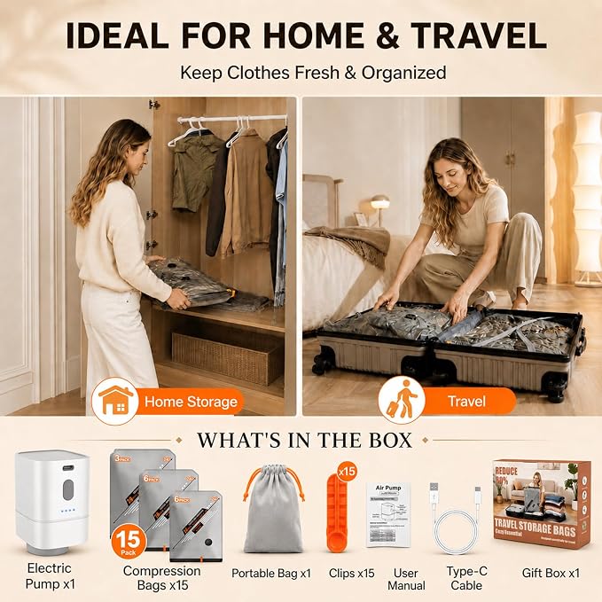 Travel Vacuum Storage Bags with Pump, Cordless Portable Vacuum Seal Bags for Clothing, Electric Rechargeable Pump Space Saver Bags Thicker Compression for Blanket, Luggage, Home Organization