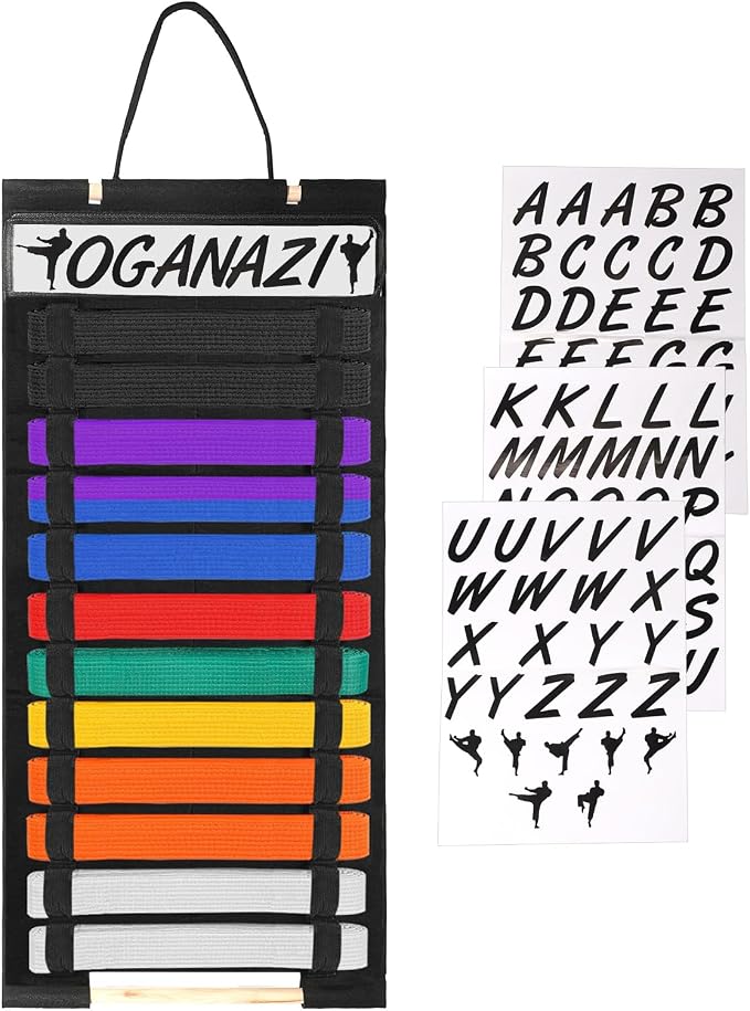 12 Belts Karate Belt Display Rack with Personalized Stickers, Taekwondo Belt Display Holder with Bamboo Medal Rack, Felt Jiu Jitsu Belt Hanging Holder for Taekwondo, Karate, BJJ Learners