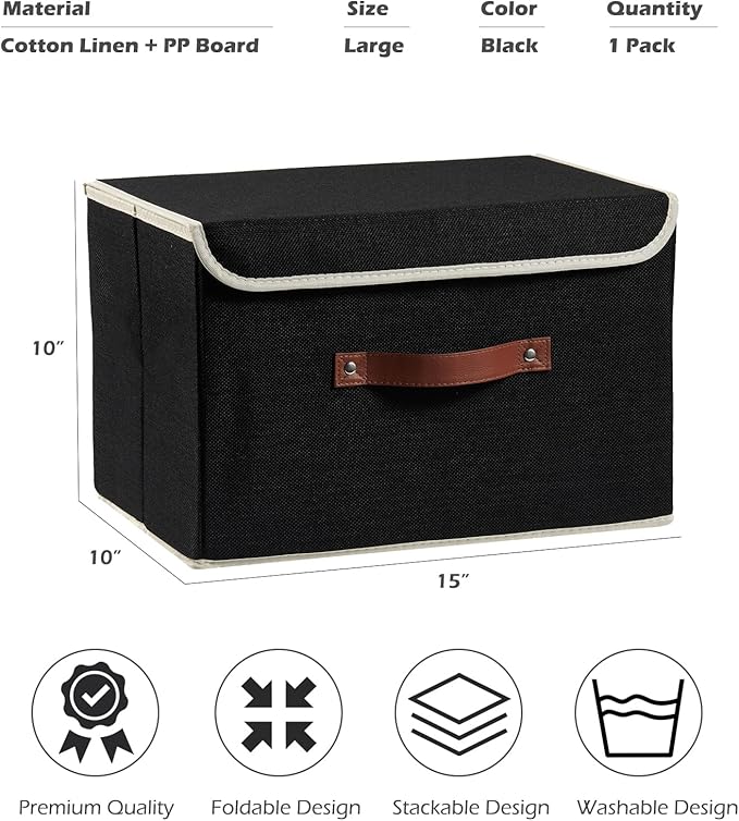Storage Boxes with Lid Cotton Linen Fabric Storage Bins Organizer Container Decorative Collapsible Washable Shelf Baskets Faux Leather Handles for Home Bedroom Closet (Black, Large Size)